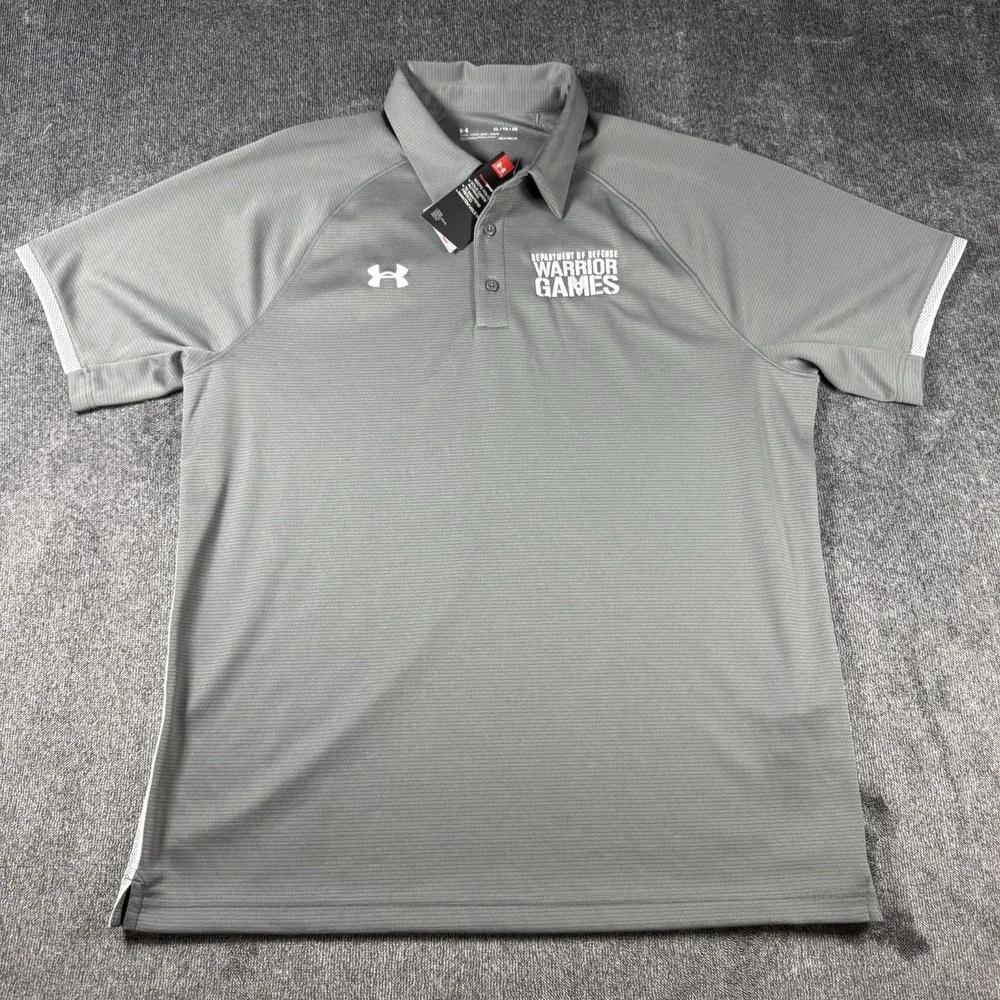 Under Armour Men's XL Grey White Warrior Games Short-Sleeve Polo Shirt Athletic